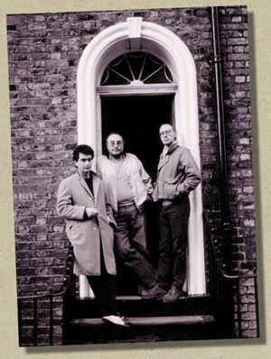 Brian, Adrian and Roger outside 21 Mount Street, Adrian Henri's house opposite The Liverpool Institute of Performing Art